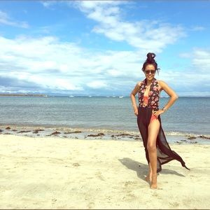 High Slit Black and Floral summer swimsuit Coverup